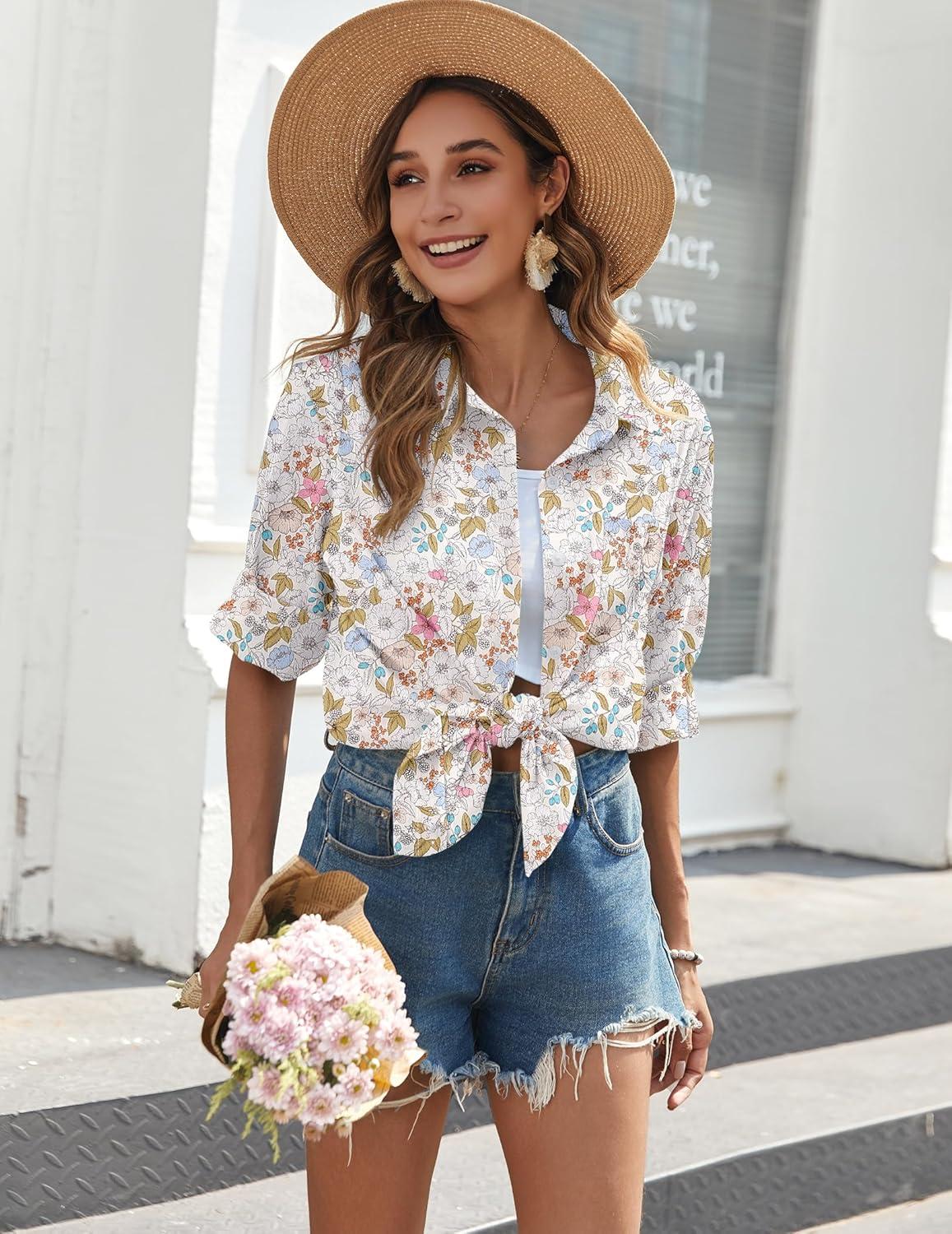 imageZeagoo Womens Button Down Shirts Long Sleeve Cotton Gauze Tops Casual Collared Blouses Loose FitApricot Blossom