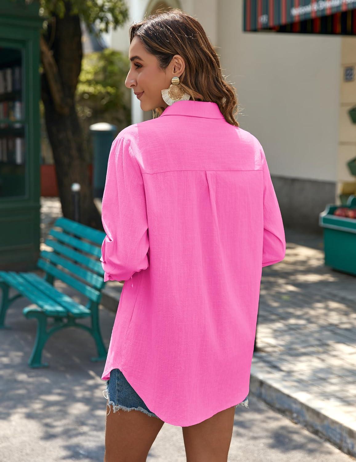 imageZeagoo Womens Button Down Shirts Long Sleeve Cotton Gauze Tops Casual Collared Blouses Loose FitFuschia Pink