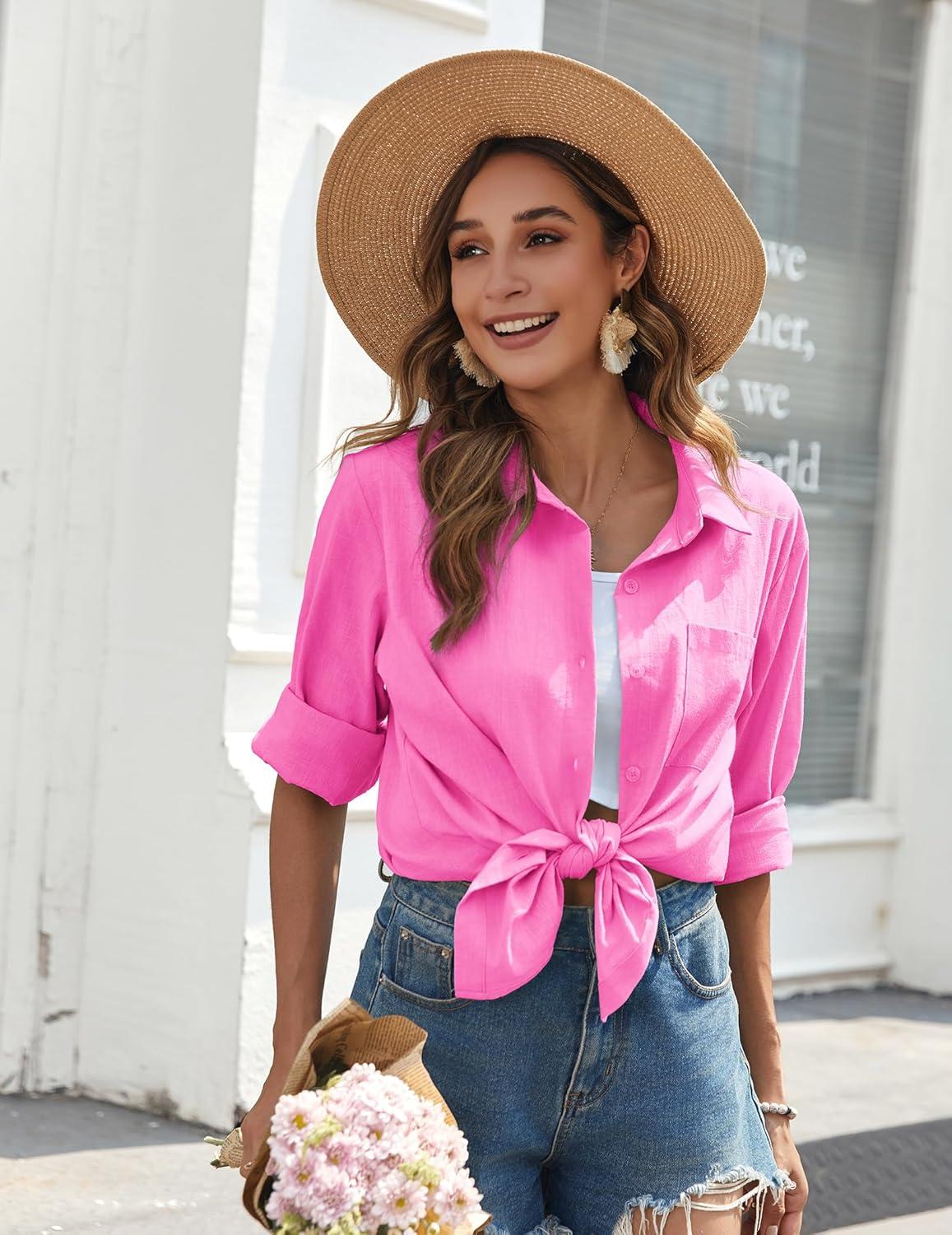 imageZeagoo Womens Button Down Shirts Long Sleeve Cotton Gauze Tops Casual Collared Blouses Loose FitFuschia Pink