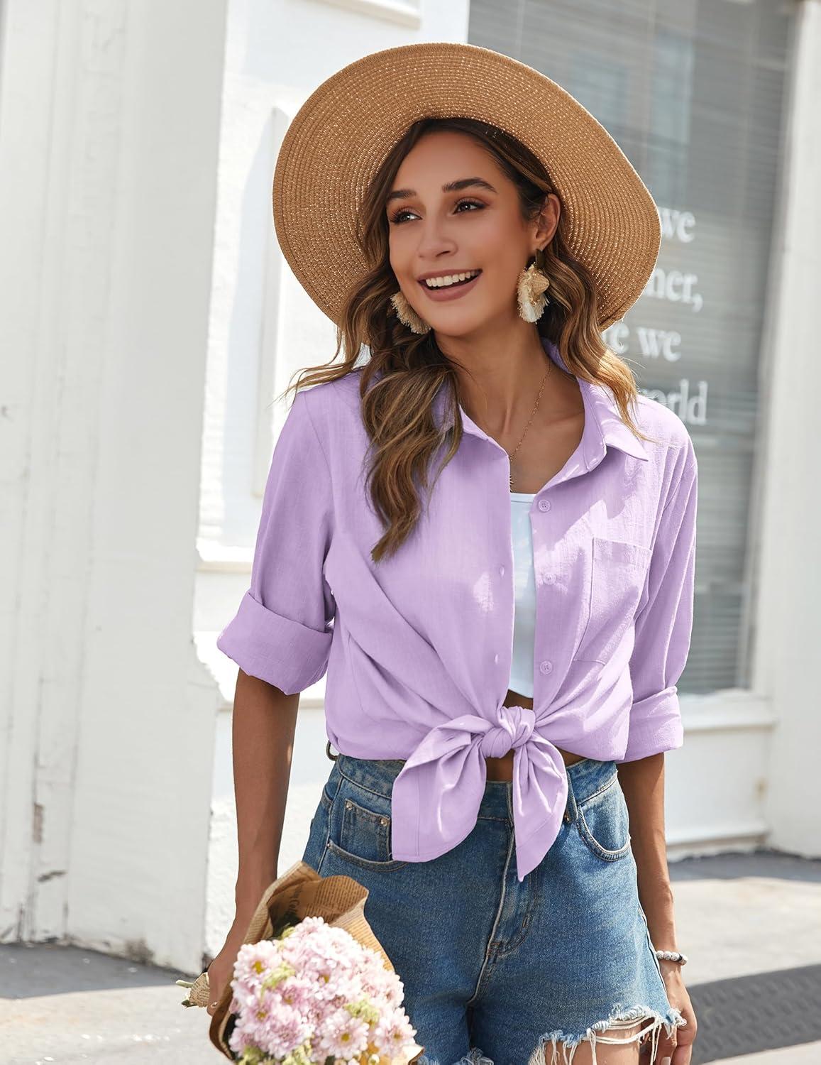 imageZeagoo Womens Button Down Shirts Long Sleeve Cotton Gauze Tops Casual Collared Blouses Loose FitLavender