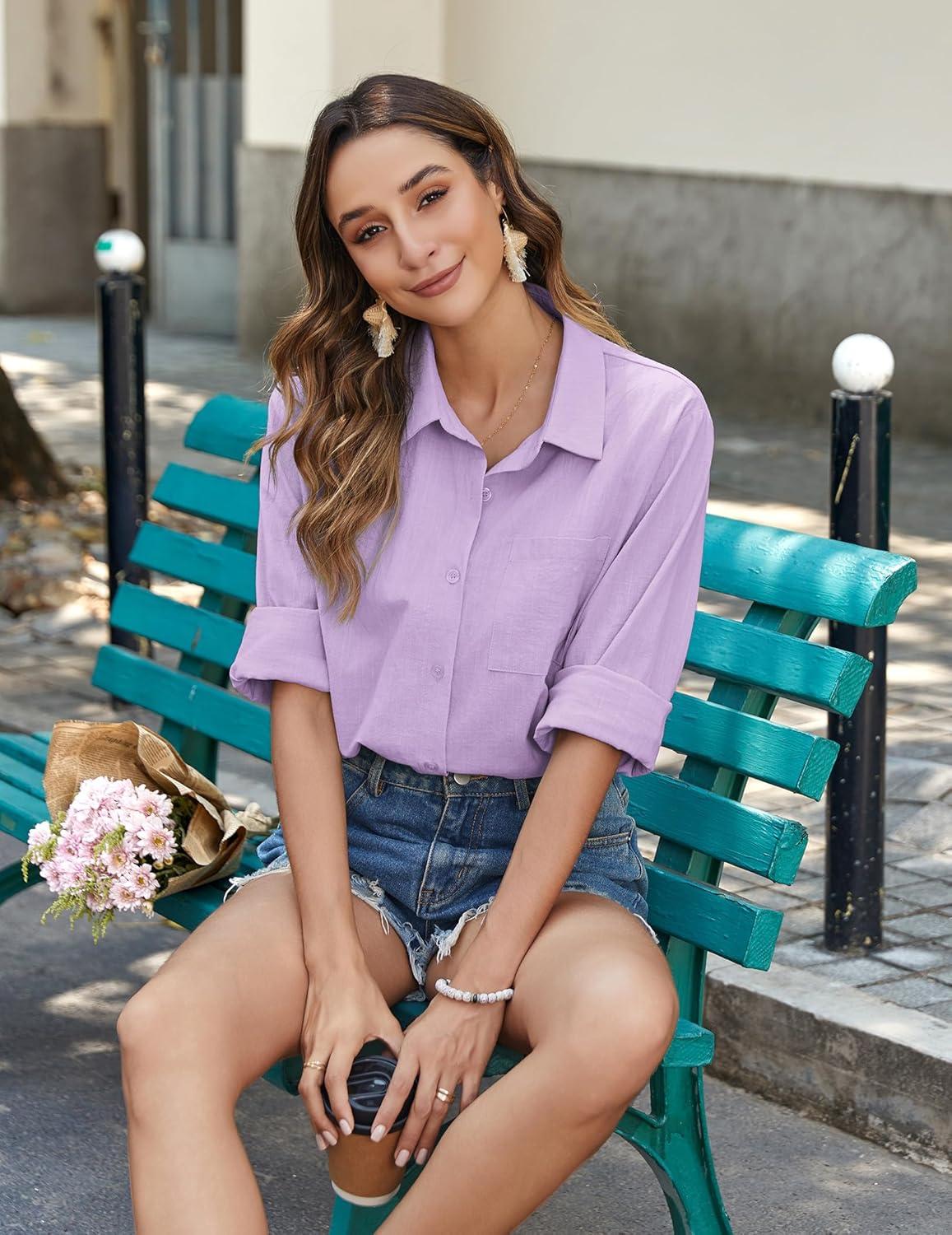 imageZeagoo Womens Button Down Shirts Long Sleeve Cotton Gauze Tops Casual Collared Blouses Loose FitLavender