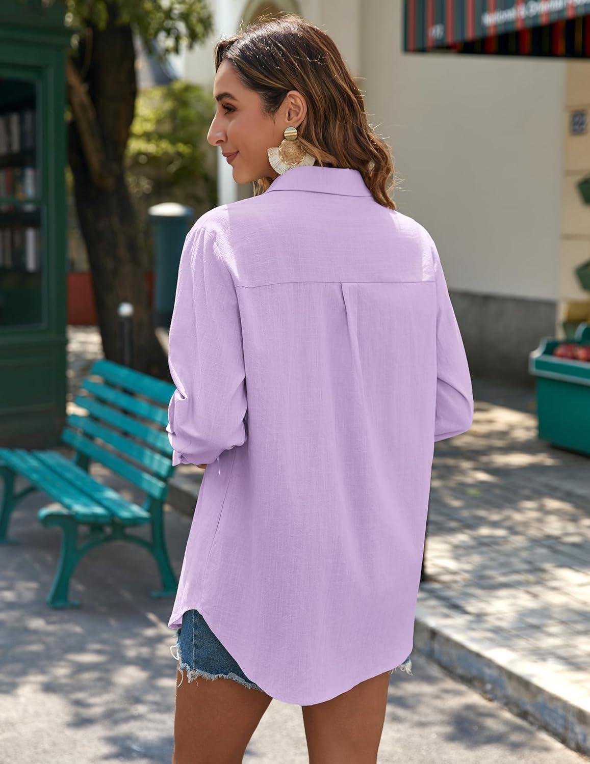 imageZeagoo Womens Button Down Shirts Long Sleeve Cotton Gauze Tops Casual Collared Blouses Loose FitLavender