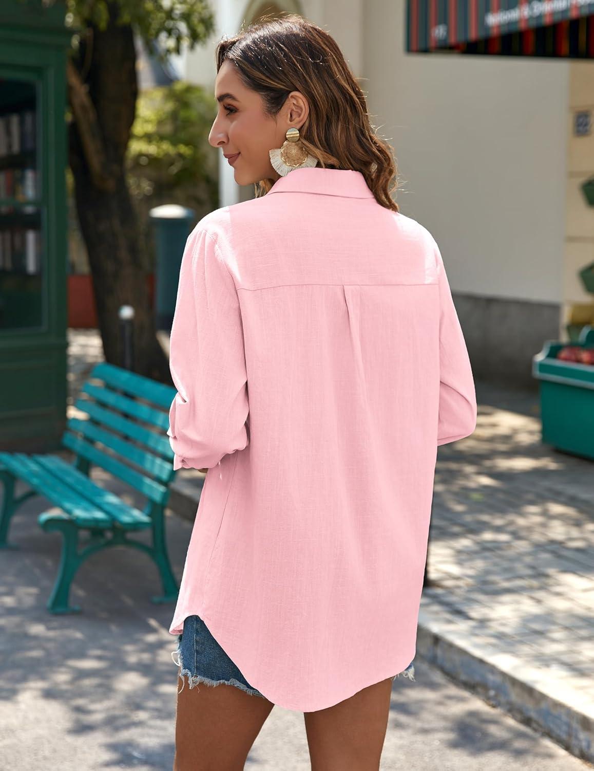 imageZeagoo Womens Button Down Shirts Long Sleeve Cotton Gauze Tops Casual Collared Blouses Loose FitLight Pink