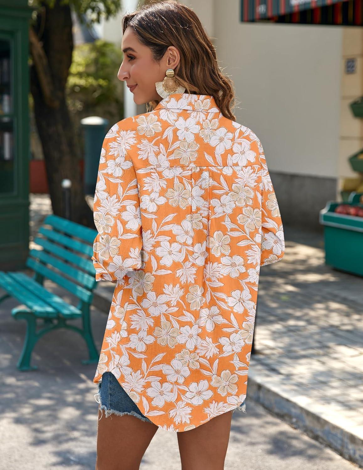 imageZeagoo Womens Button Down Shirts Long Sleeve Cotton Gauze Tops Casual Collared Blouses Loose FitOrange Tropical