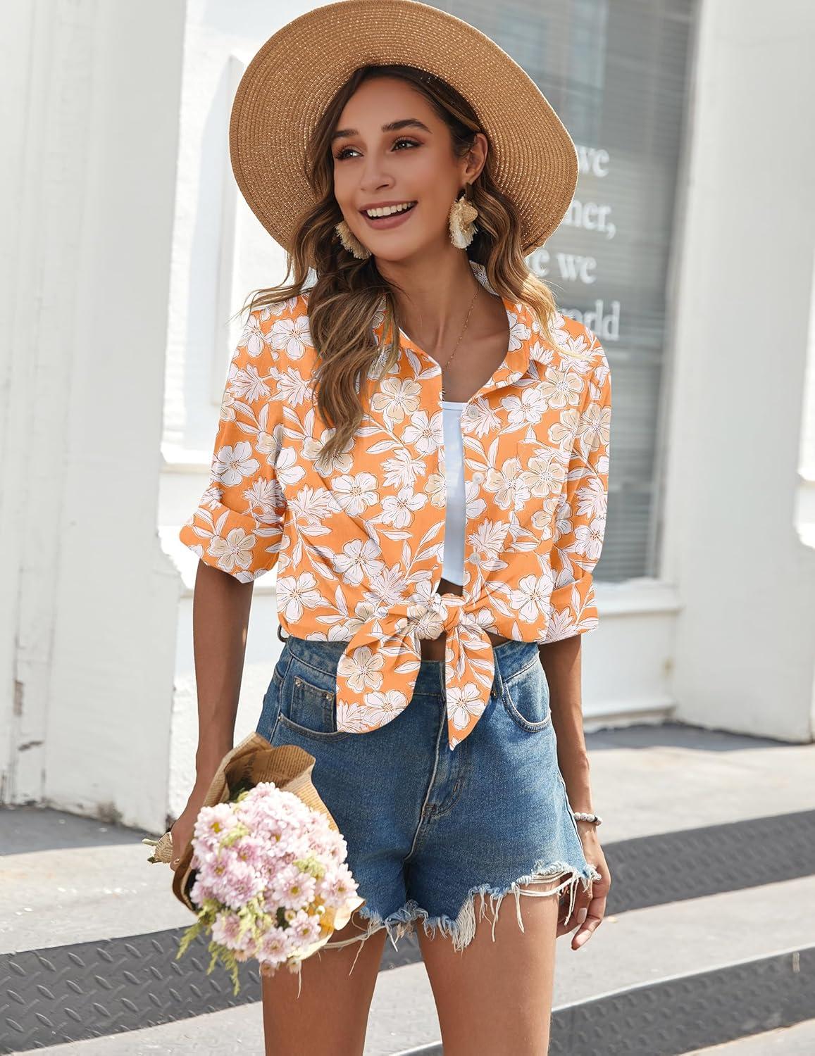 imageZeagoo Womens Button Down Shirts Long Sleeve Cotton Gauze Tops Casual Collared Blouses Loose FitOrange Tropical
