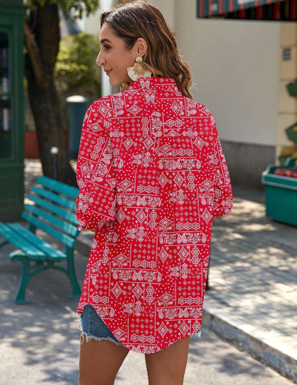 imageZeagoo Womens Button Down Shirts Long Sleeve Cotton Gauze Tops Casual Collared Blouses Loose FitRed Boho