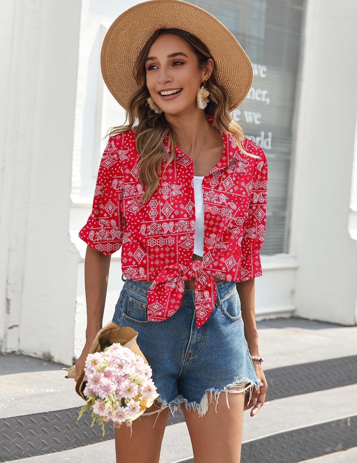 imageZeagoo Womens Button Down Shirts Long Sleeve Cotton Gauze Tops Casual Collared Blouses Loose FitRed Boho