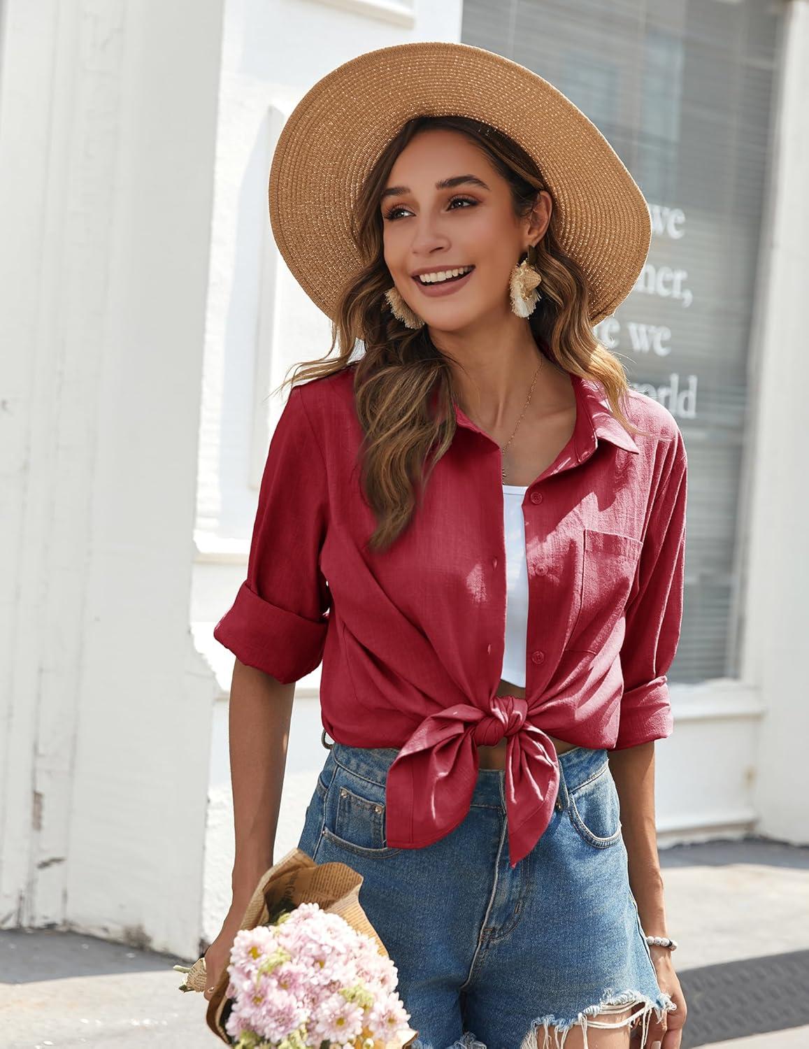 imageZeagoo Womens Button Down Shirts Long Sleeve Cotton Gauze Tops Casual Collared Blouses Loose FitWine Red