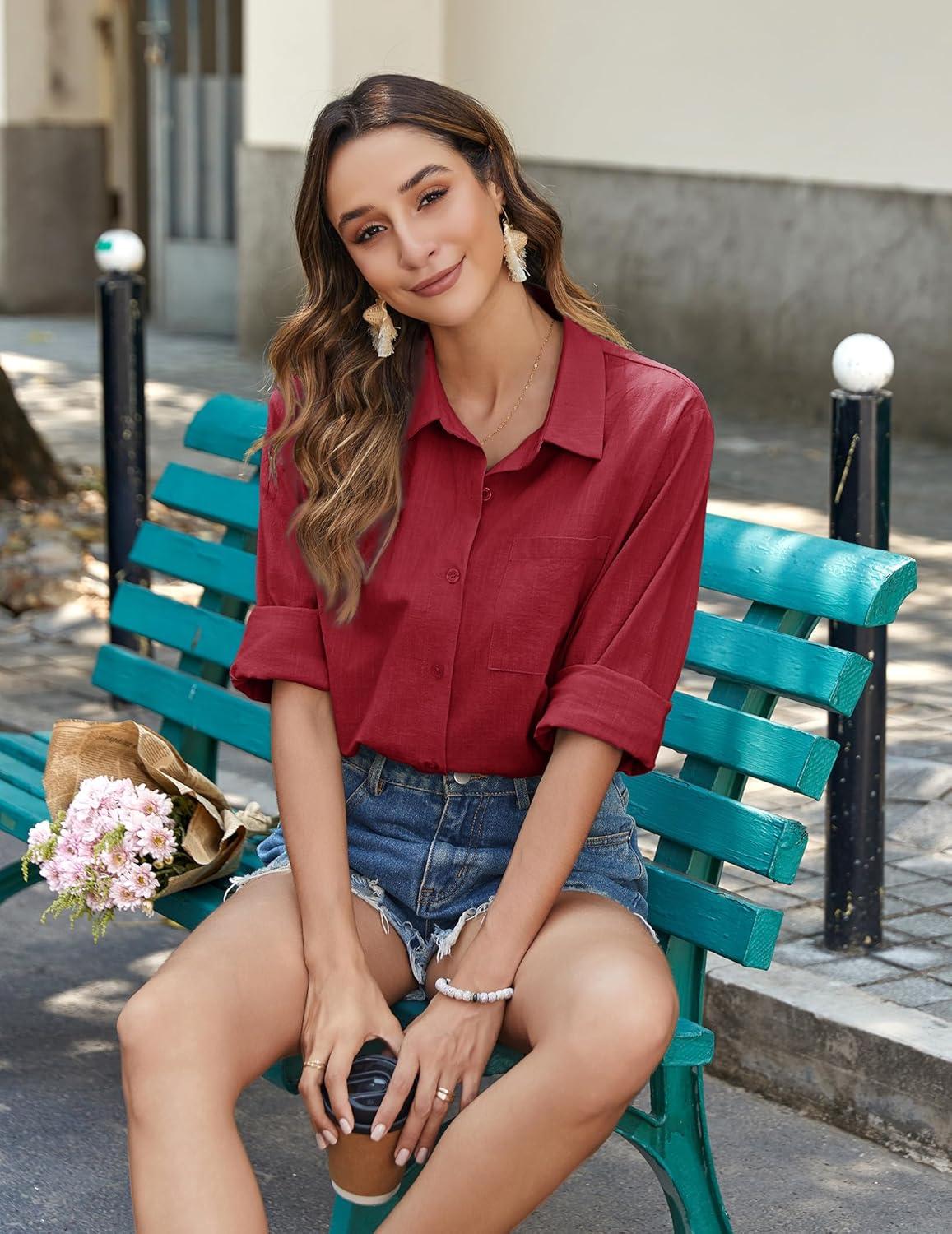imageZeagoo Womens Button Down Shirts Long Sleeve Cotton Gauze Tops Casual Collared Blouses Loose FitWine Red