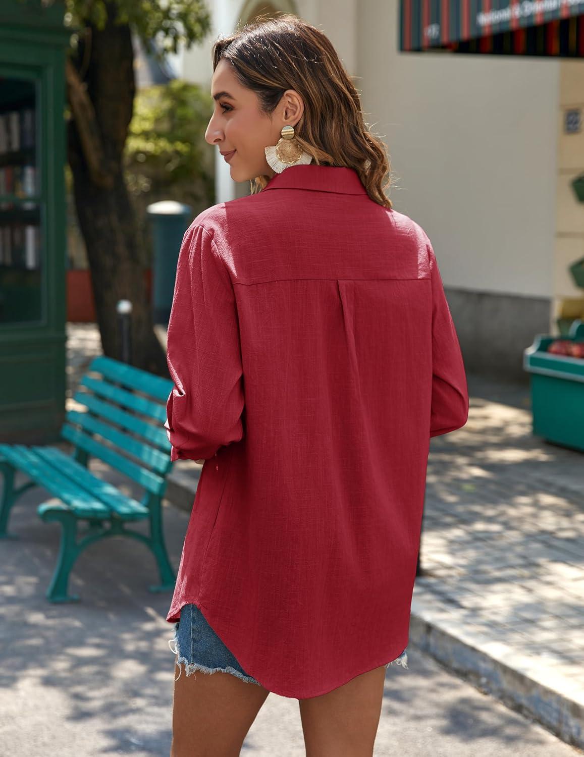 imageZeagoo Womens Button Down Shirts Long Sleeve Cotton Gauze Tops Casual Collared Blouses Loose FitWine Red