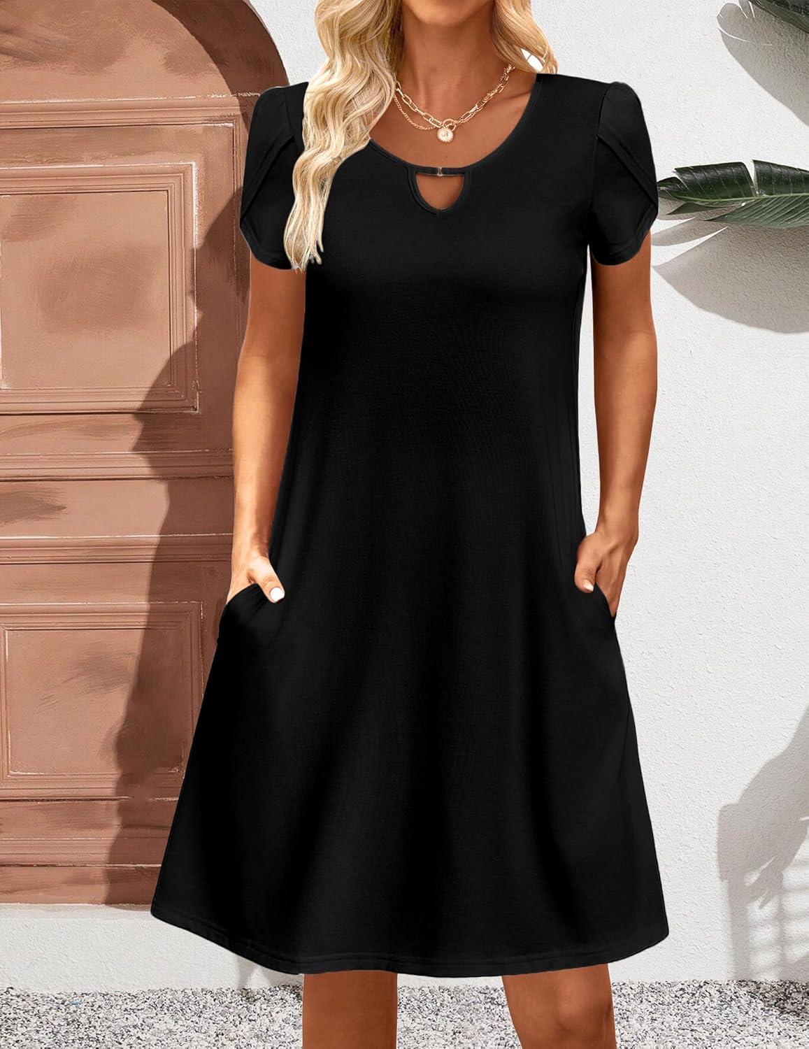 imageZeagoo Womens Casual ALine Dresses with Pockets Summer Floral Tshirt Dress Short Sleeve Mini Dress Flowy SundressesBlack