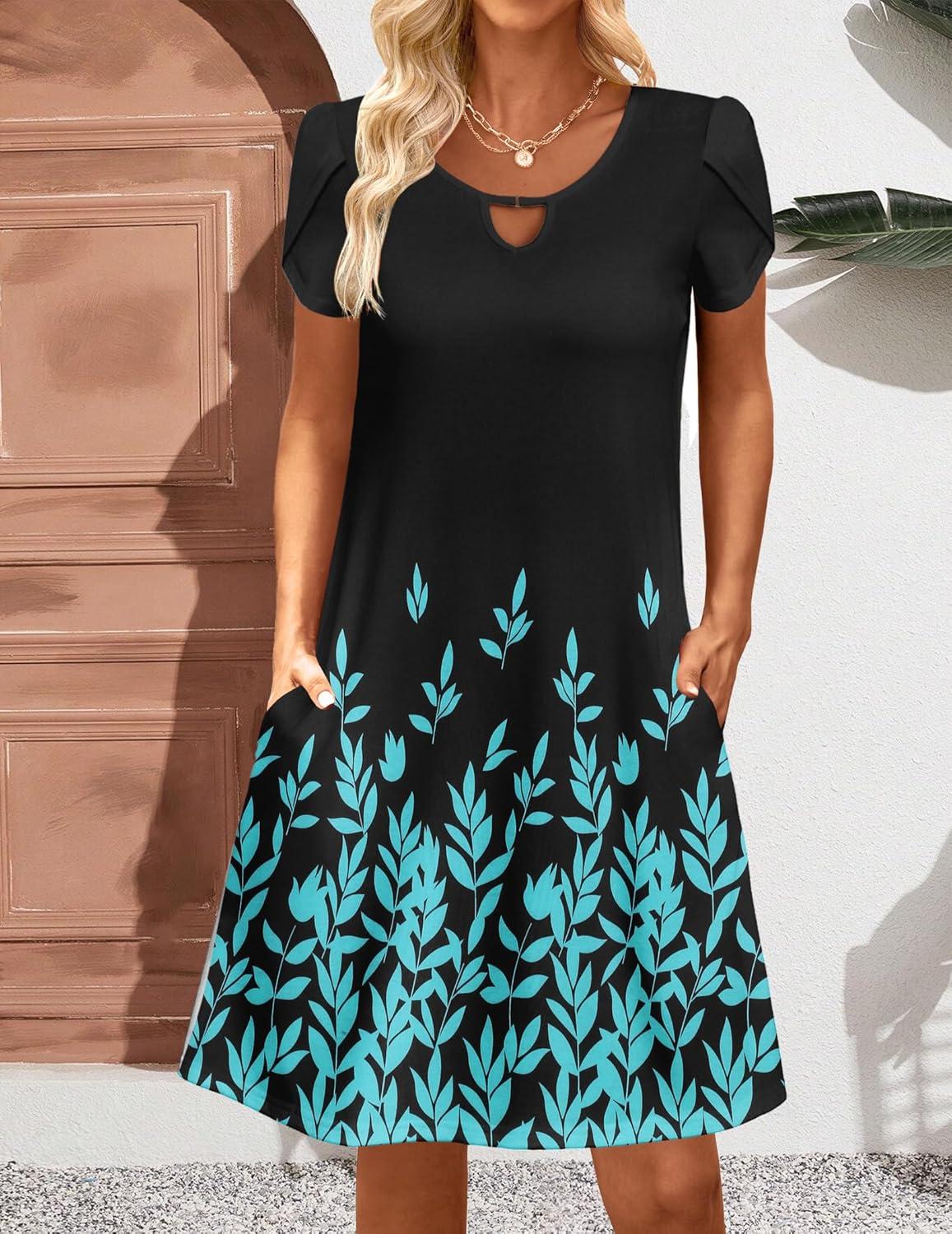 imageZeagoo Womens Casual ALine Dresses with Pockets Summer Floral Tshirt Dress Short Sleeve Mini Dress Flowy SundressesBlack Blueprinted