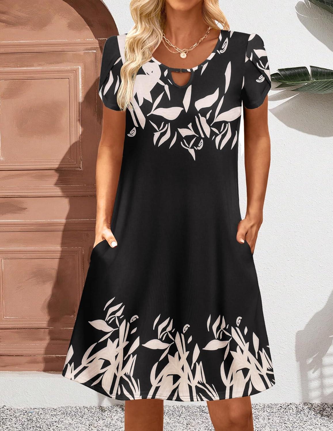 imageZeagoo Womens Casual ALine Dresses with Pockets Summer Floral Tshirt Dress Short Sleeve Mini Dress Flowy SundressesBlack Khaki Printed
