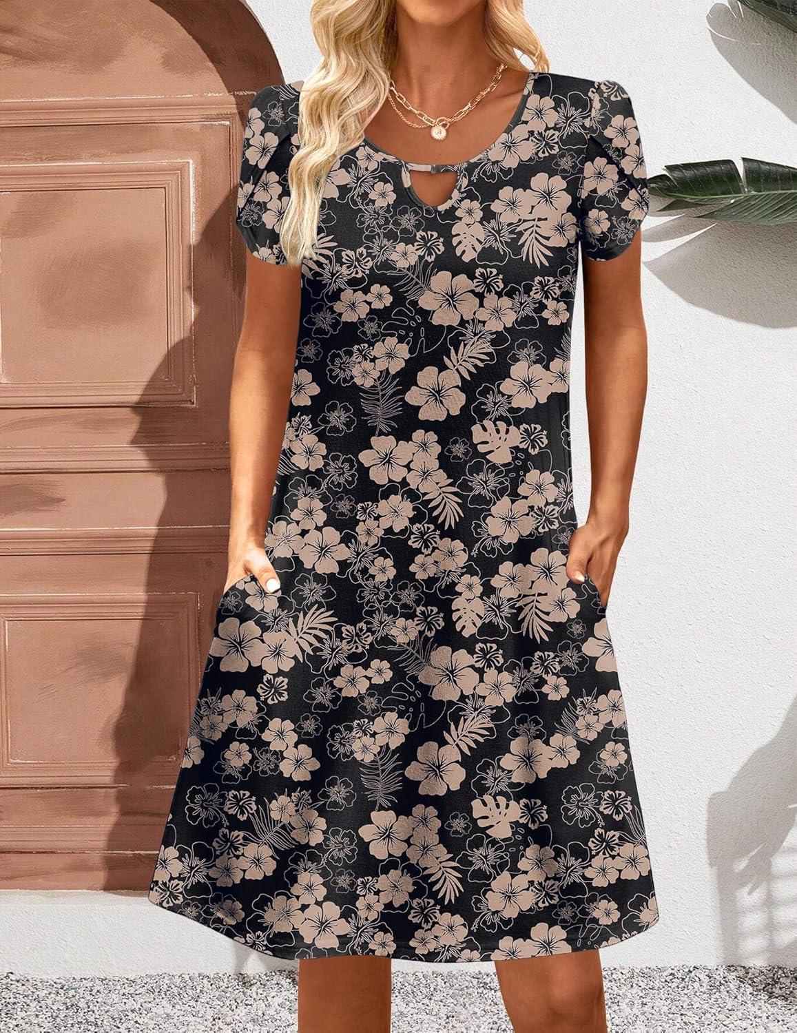 imageZeagoo Womens Casual ALine Dresses with Pockets Summer Floral Tshirt Dress Short Sleeve Mini Dress Flowy SundressesBlack Leaf Print