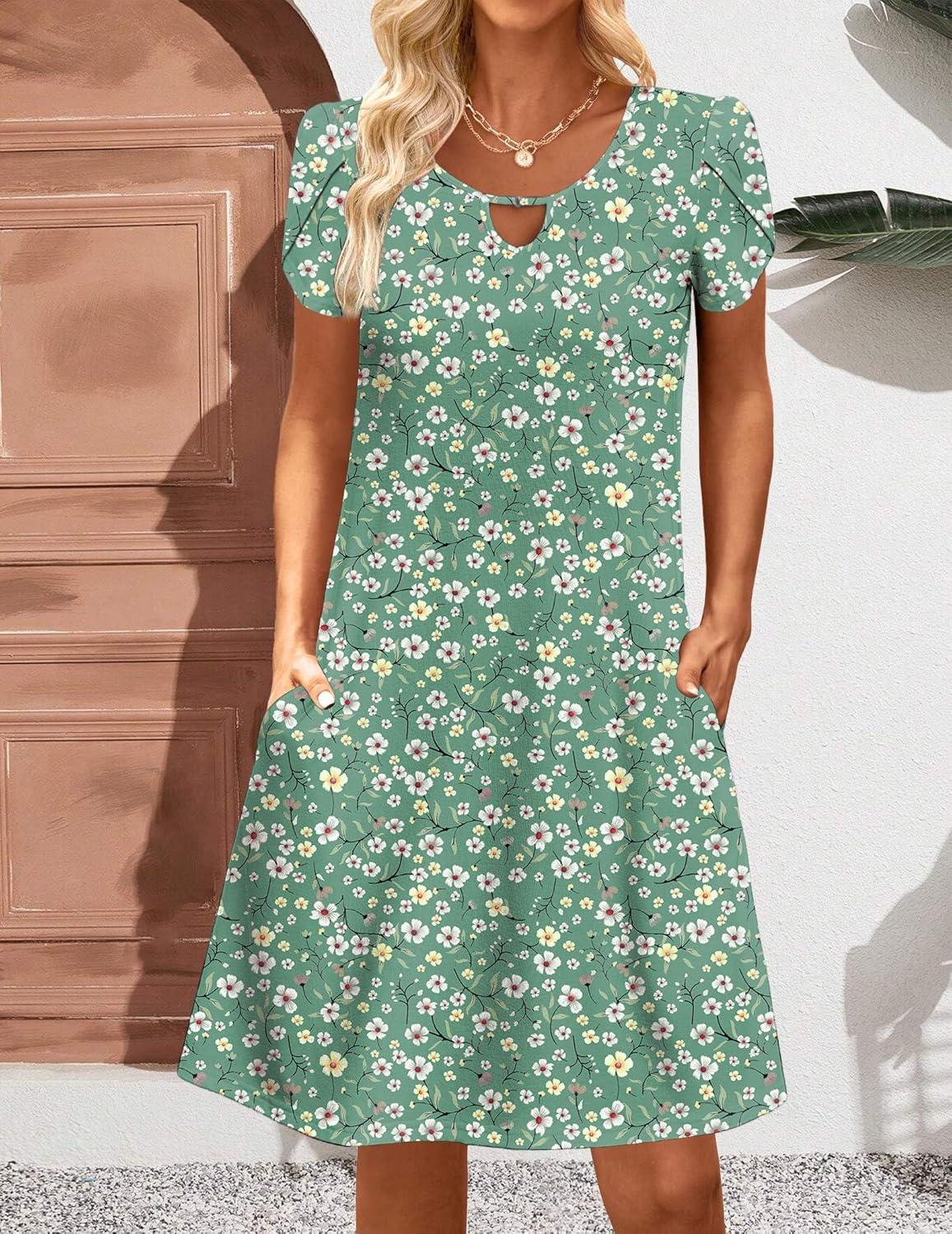 imageZeagoo Womens Casual ALine Dresses with Pockets Summer Floral Tshirt Dress Short Sleeve Mini Dress Flowy SundressesGreen Floral