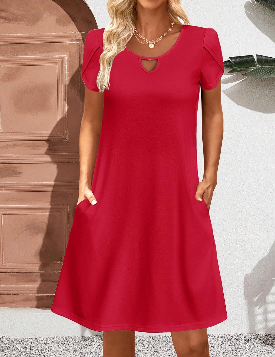 imageZeagoo Womens Casual ALine Dresses with Pockets Summer Floral Tshirt Dress Short Sleeve Mini Dress Flowy SundressesRed