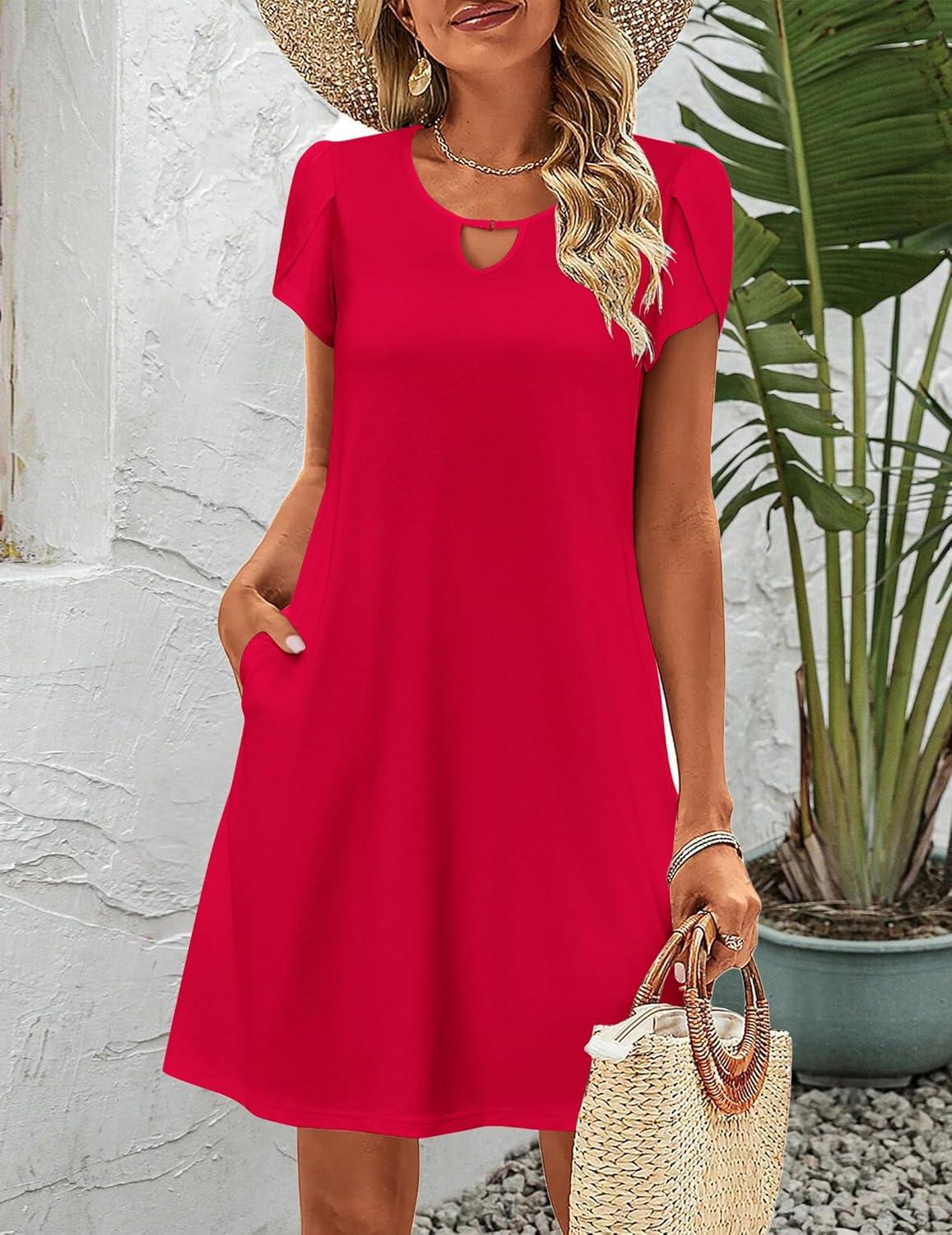 imageZeagoo Womens Casual ALine Dresses with Pockets Summer Floral Tshirt Dress Short Sleeve Mini Dress Flowy SundressesRed