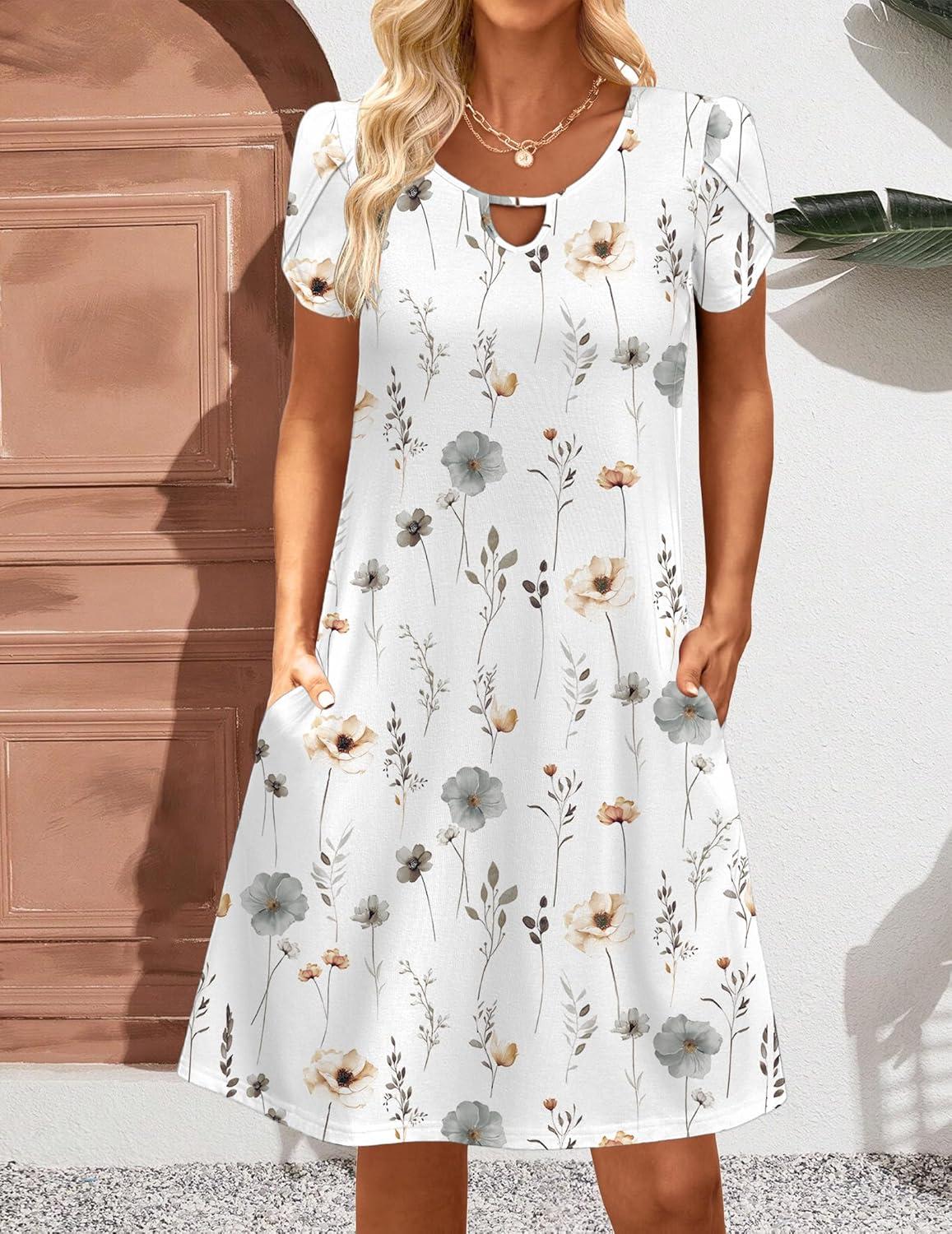 imageZeagoo Womens Casual ALine Dresses with Pockets Summer Floral Tshirt Dress Short Sleeve Mini Dress Flowy SundressesWhiteprinted