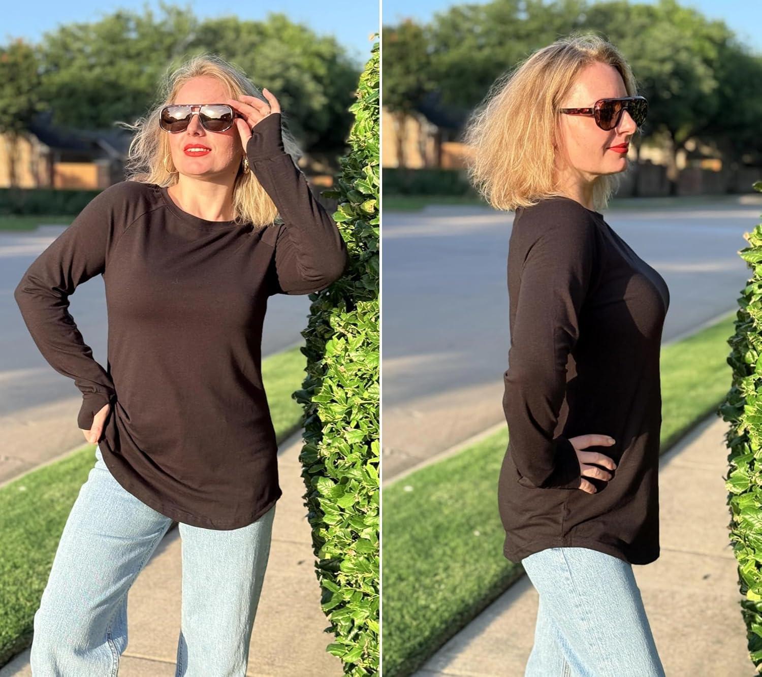 imageZeagoo Womens Casual Long Sleeve Shirts Crew Neck Round Hem Loose TShirts Tunic Tops with Thumb HolesBlack
