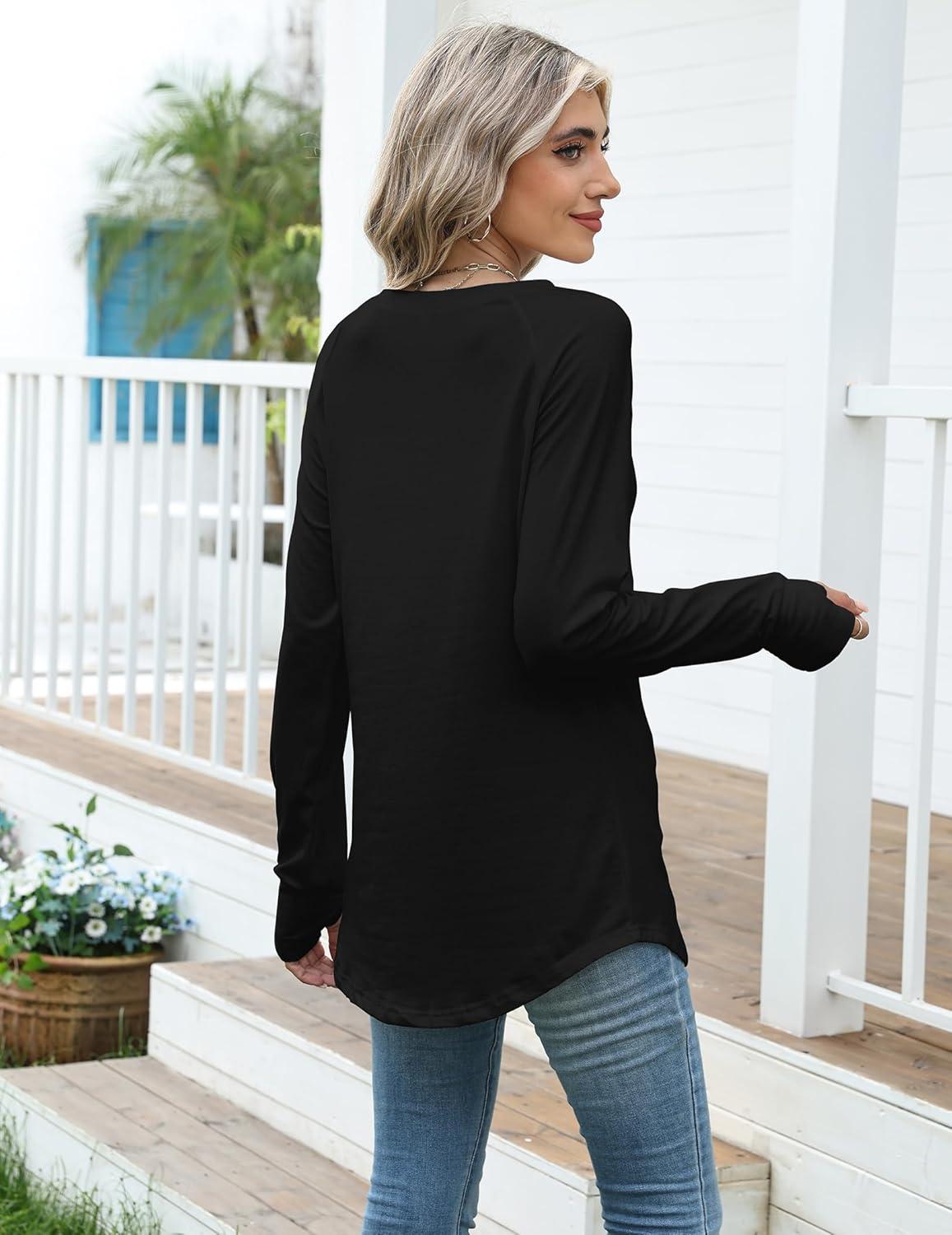 imageZeagoo Womens Casual Long Sleeve Shirts Crew Neck Round Hem Loose TShirts Tunic Tops with Thumb HolesBlack