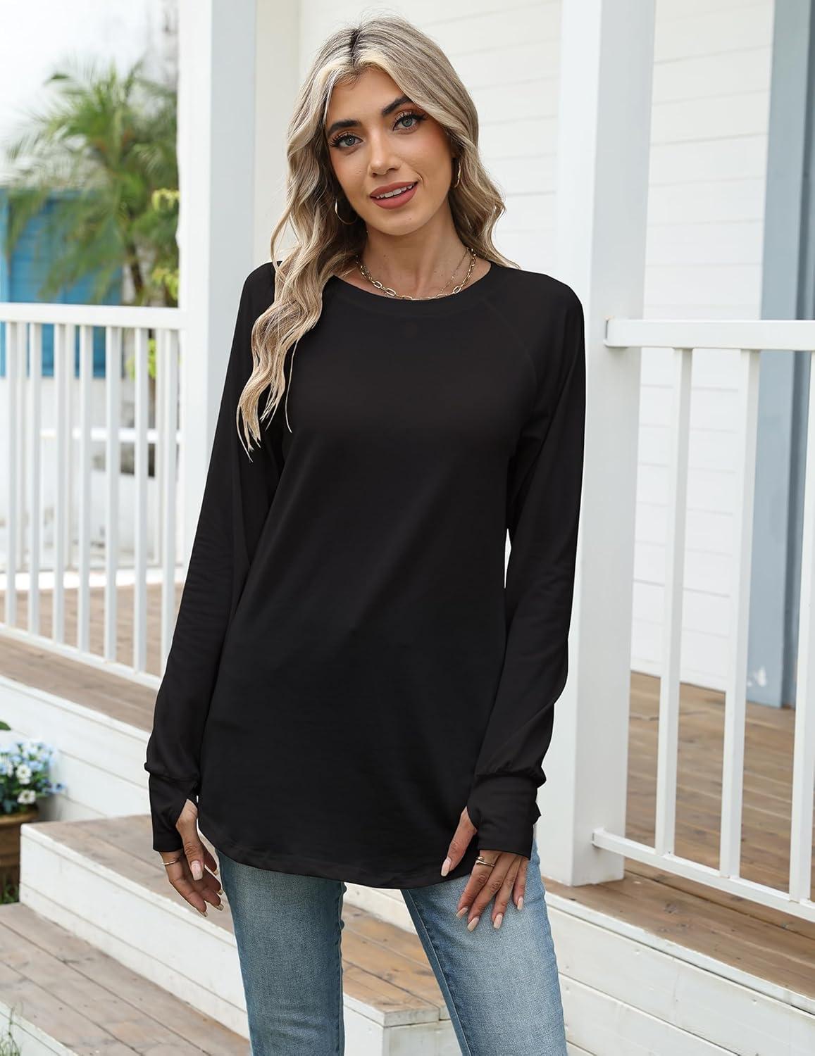 imageZeagoo Womens Casual Long Sleeve Shirts Crew Neck Round Hem Loose TShirts Tunic Tops with Thumb HolesBlack
