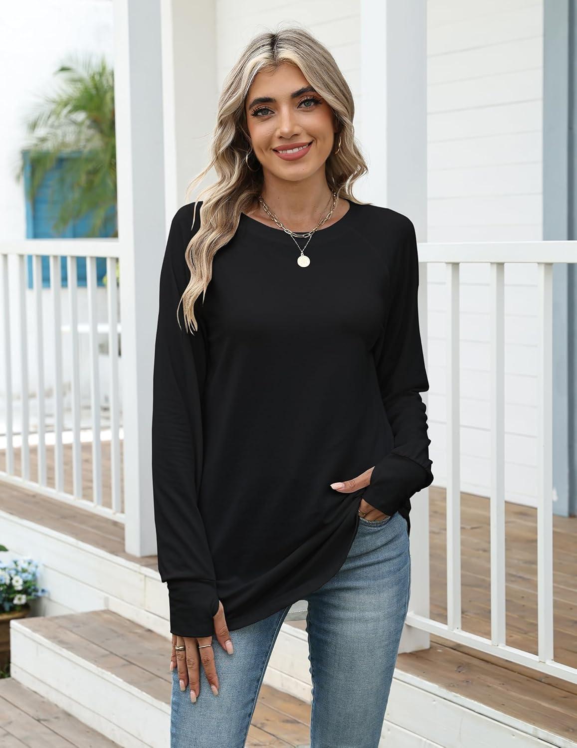 imageZeagoo Womens Casual Long Sleeve Shirts Crew Neck Round Hem Loose TShirts Tunic Tops with Thumb HolesBlack