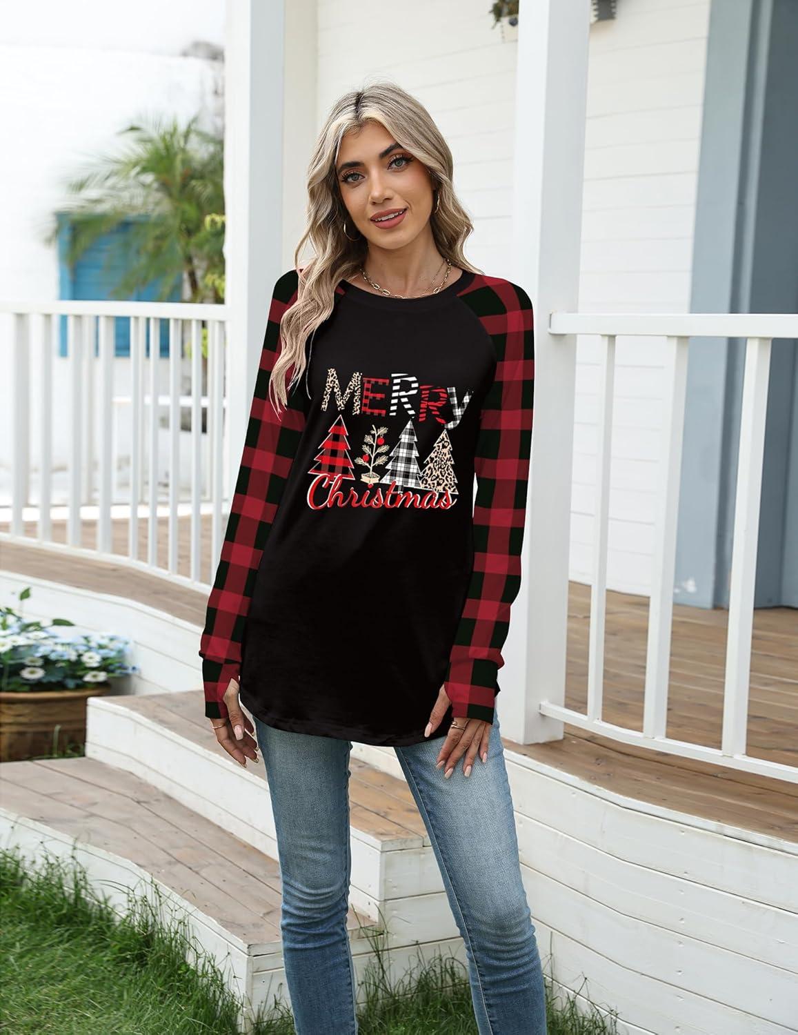 imageZeagoo Womens Casual Long Sleeve Shirts Crew Neck Round Hem Loose TShirts Tunic Tops with Thumb HolesBlack Plaid Christmas