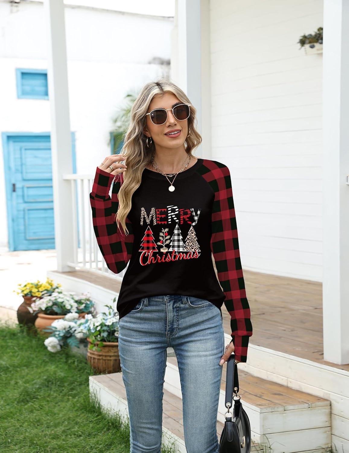 imageZeagoo Womens Casual Long Sleeve Shirts Crew Neck Round Hem Loose TShirts Tunic Tops with Thumb HolesBlack Plaid Christmas
