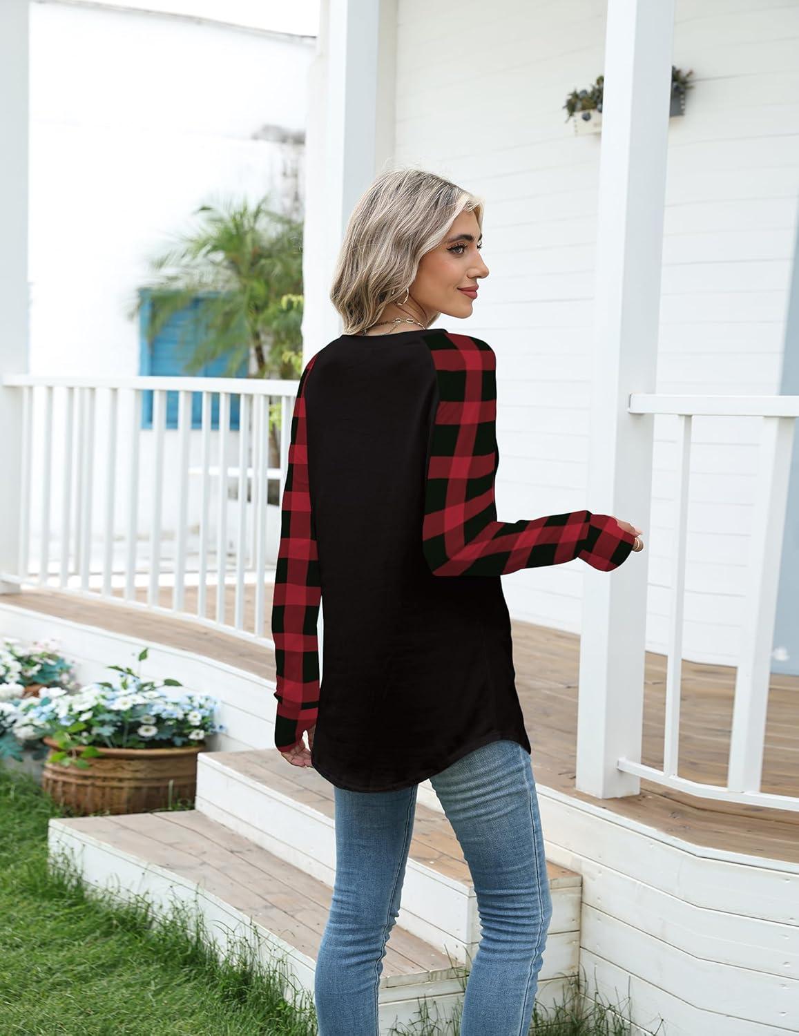 imageZeagoo Womens Casual Long Sleeve Shirts Crew Neck Round Hem Loose TShirts Tunic Tops with Thumb HolesBlack Plaid Christmas