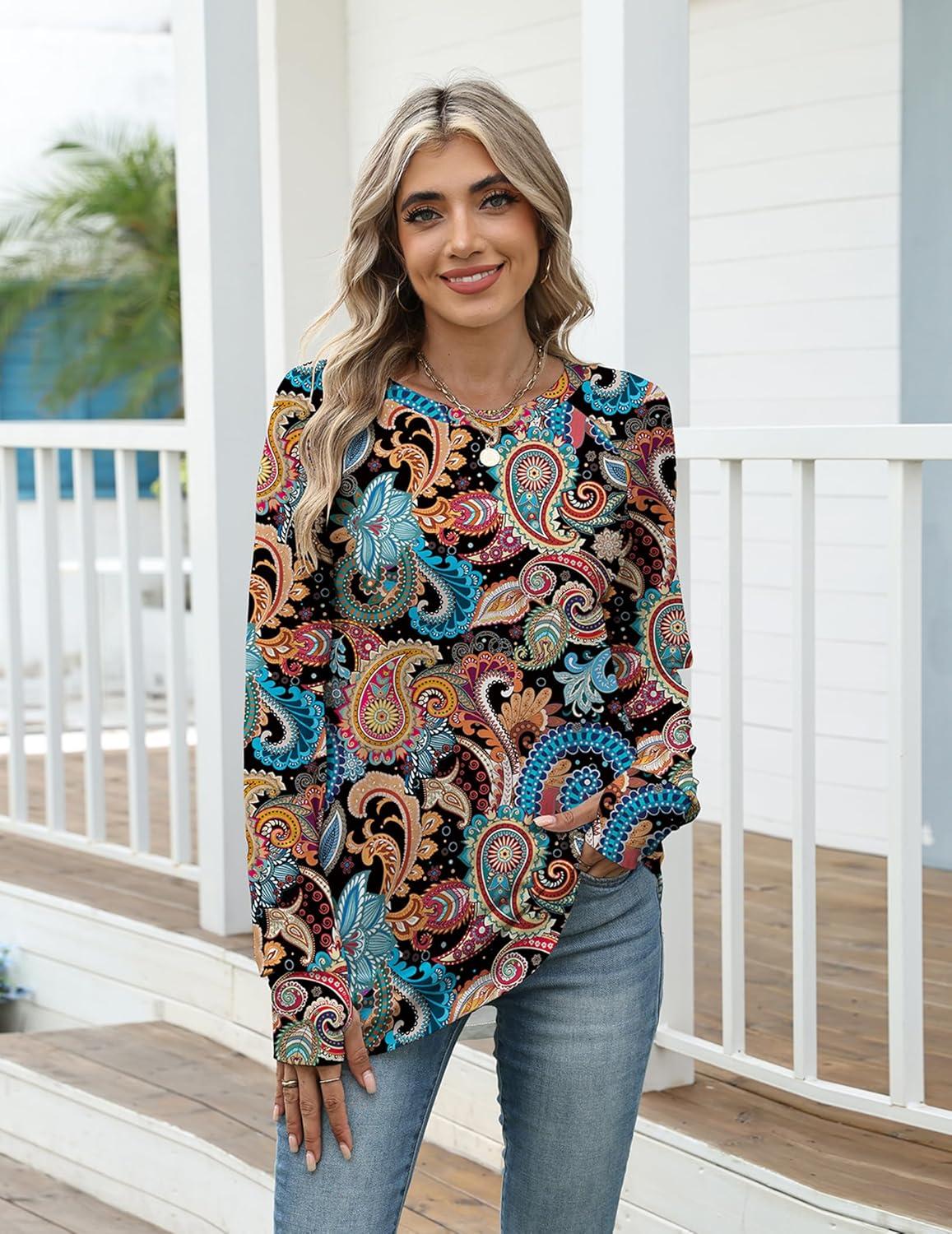 imageZeagoo Womens Casual Long Sleeve Shirts Crew Neck Round Hem Loose TShirts Tunic Tops with Thumb HolesMulticolored Paisley