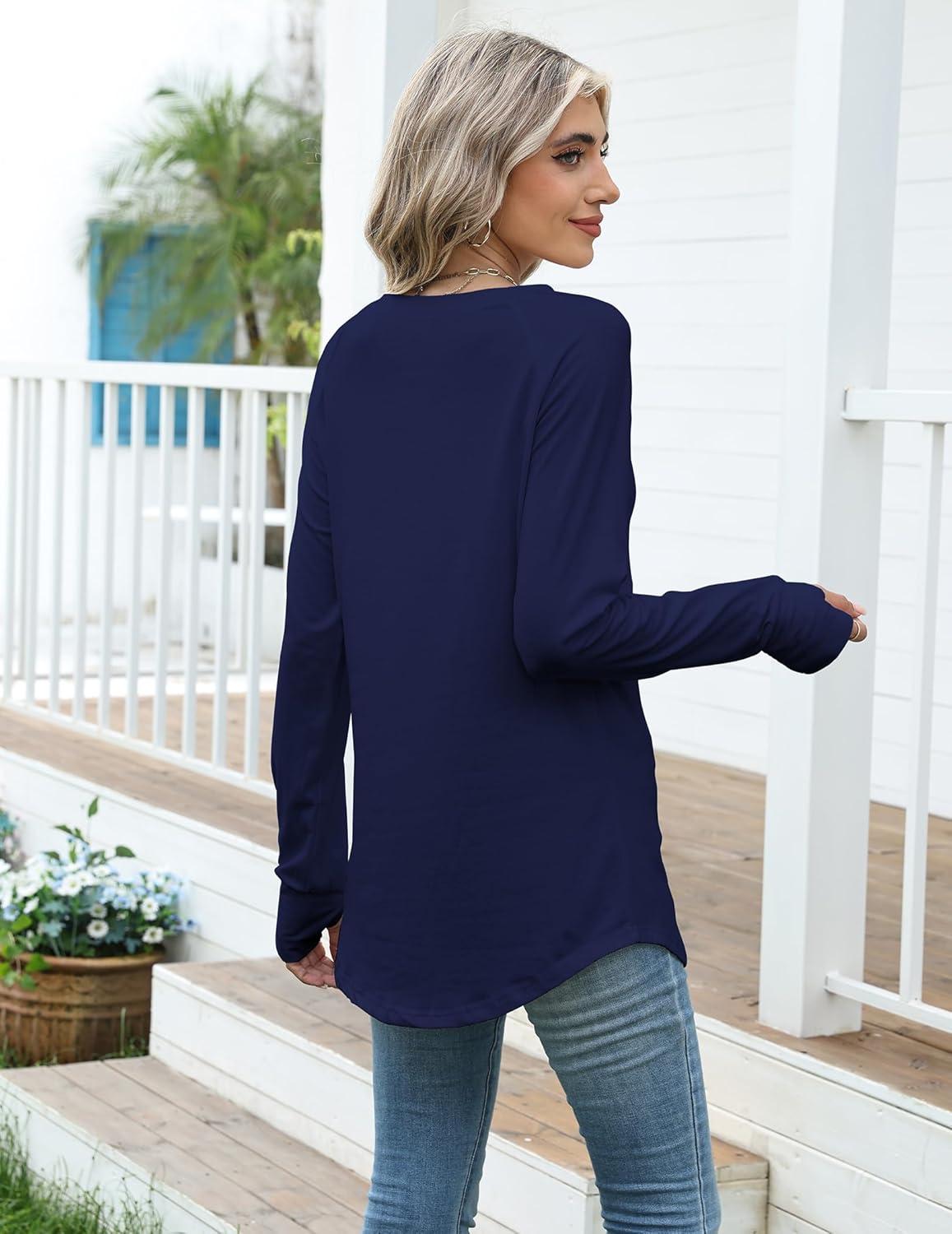 imageZeagoo Womens Casual Long Sleeve Shirts Crew Neck Round Hem Loose TShirts Tunic Tops with Thumb HolesNavy Blue