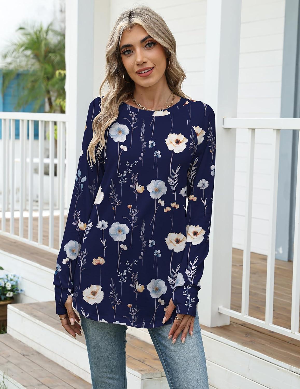 imageZeagoo Womens Casual Long Sleeve Shirts Crew Neck Round Hem Loose TShirts Tunic Tops with Thumb HolesNavy Floral