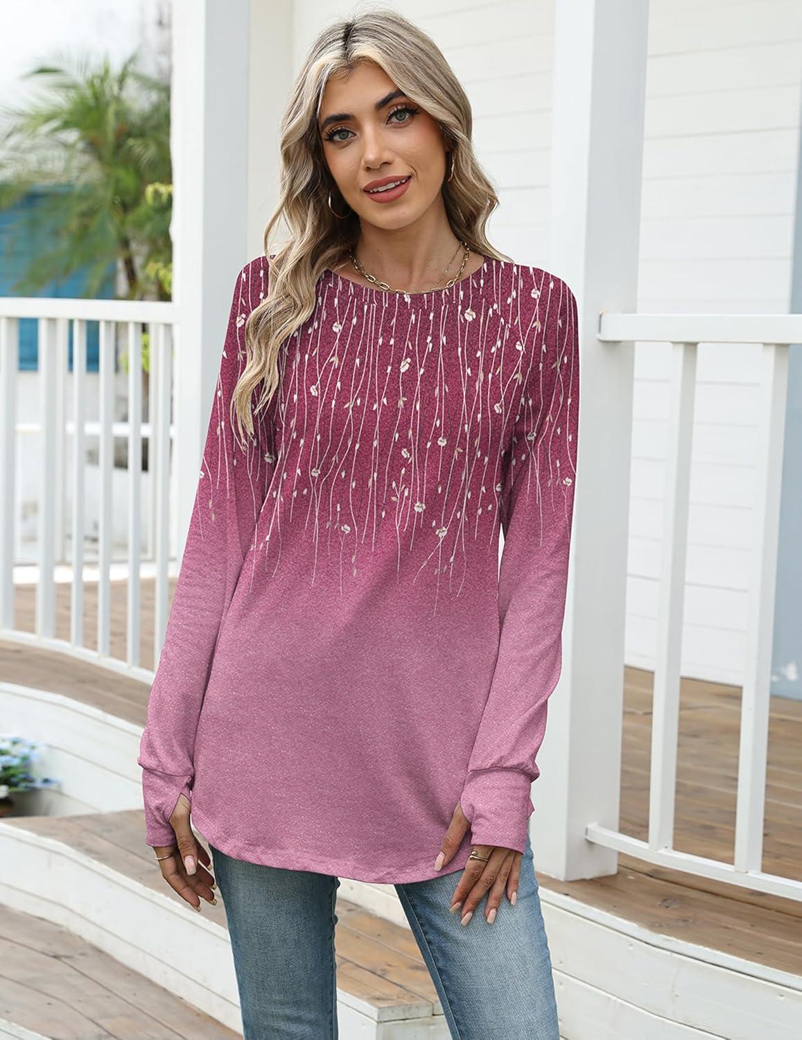 imageZeagoo Womens Casual Long Sleeve Shirts Crew Neck Round Hem Loose TShirts Tunic Tops with Thumb HolesPurple Willow