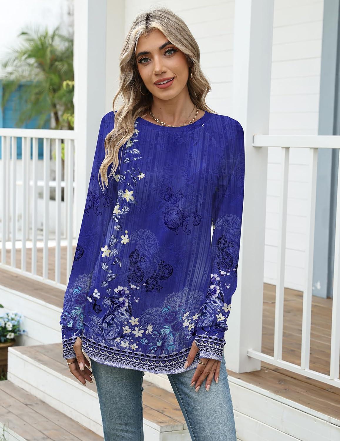 imageZeagoo Womens Casual Long Sleeve Shirts Crew Neck Round Hem Loose TShirts Tunic Tops with Thumb HolesViolet Print