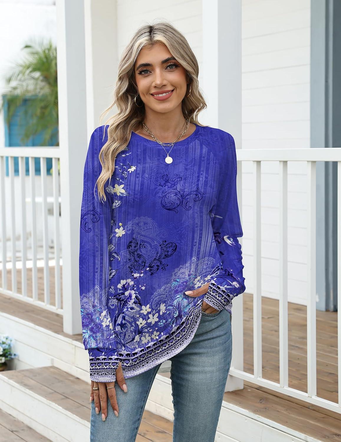 imageZeagoo Womens Casual Long Sleeve Shirts Crew Neck Round Hem Loose TShirts Tunic Tops with Thumb HolesViolet Print