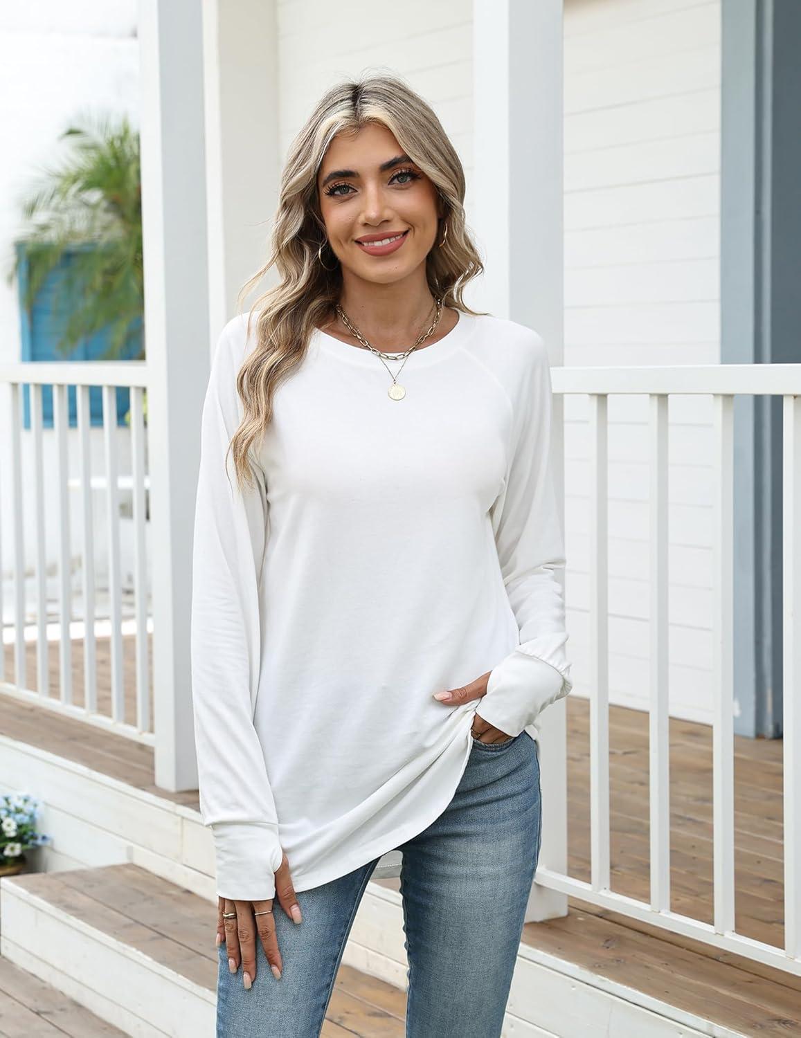 imageZeagoo Womens Casual Long Sleeve Shirts Crew Neck Round Hem Loose TShirts Tunic Tops with Thumb HolesWhite