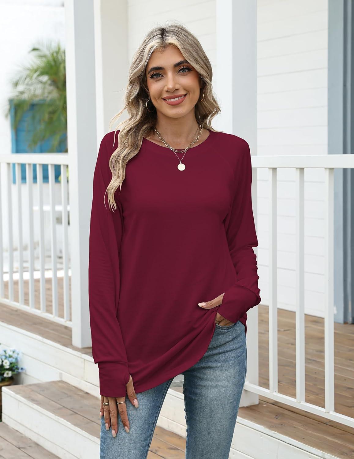 imageZeagoo Womens Casual Long Sleeve Shirts Crew Neck Round Hem Loose TShirts Tunic Tops with Thumb HolesWine Red