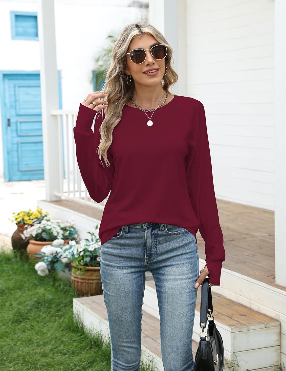 imageZeagoo Womens Casual Long Sleeve Shirts Crew Neck Round Hem Loose TShirts Tunic Tops with Thumb HolesWine Red
