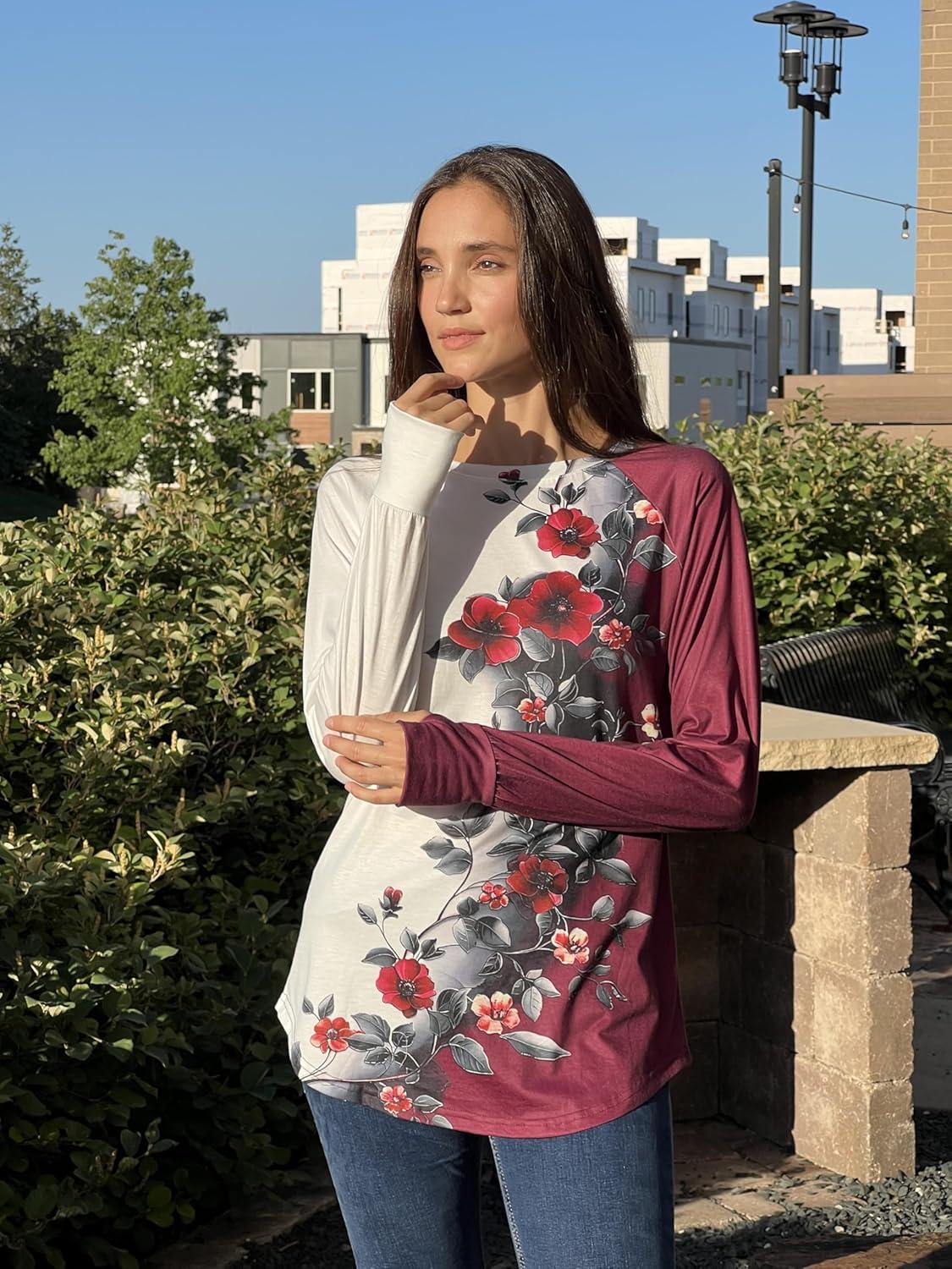 imageZeagoo Womens Casual Long Sleeve Shirts Crew Neck Round Hem Loose TShirts Tunic Tops with Thumb HolesWine Rose