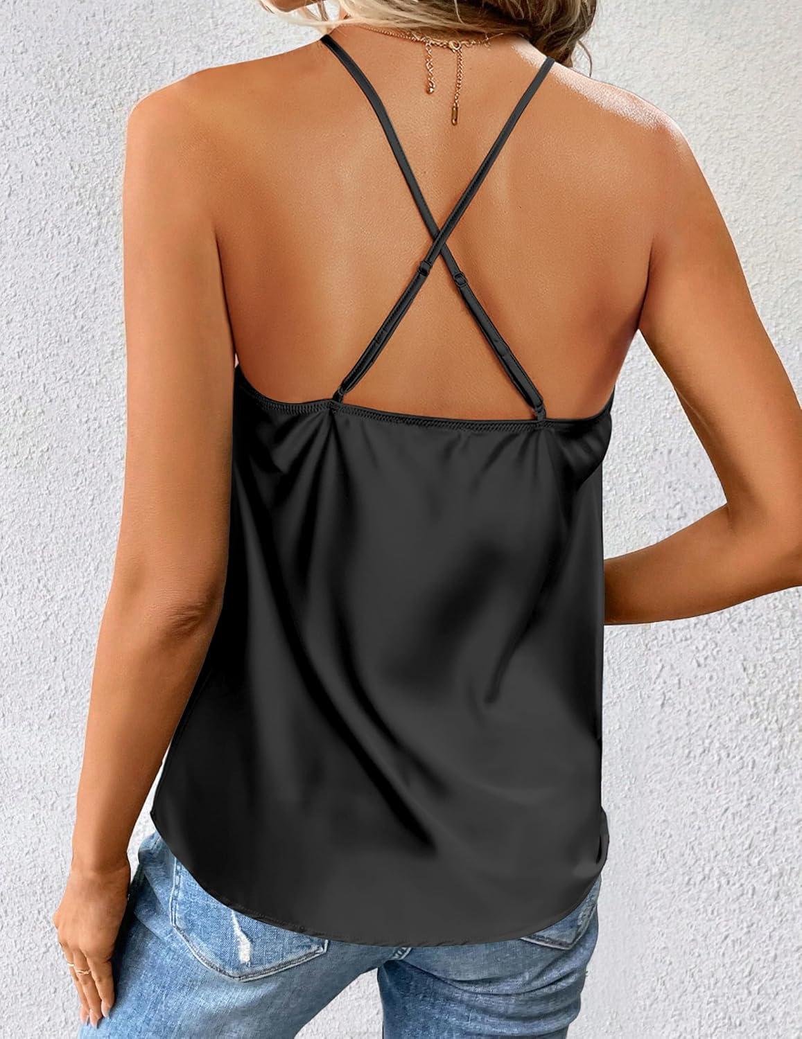 imageZeagoo Womens Cowl Neck Satin Camisole Sleeveless Sexy Spaghetti Strap Silk Cami Backless Tank Tops Halter Basic Tank ShirtsAblack