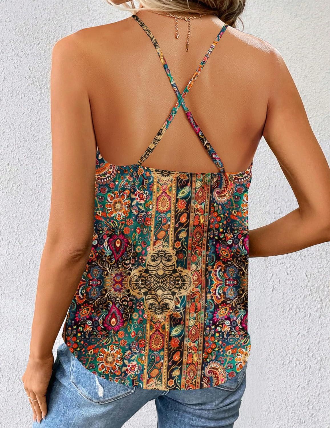 imageZeagoo Womens Cowl Neck Satin Camisole Sleeveless Sexy Spaghetti Strap Silk Cami Backless Tank Tops Halter Basic Tank ShirtsBoho Pattern Mz271