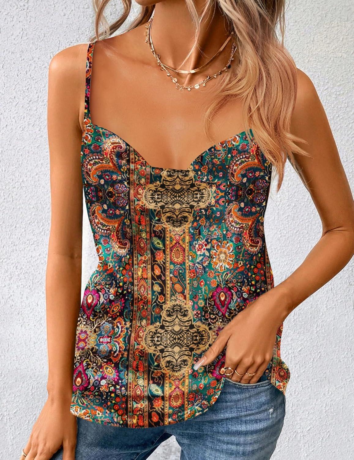 imageZeagoo Womens Cowl Neck Satin Camisole Sleeveless Sexy Spaghetti Strap Silk Cami Backless Tank Tops Halter Basic Tank ShirtsBoho Pattern Mz271