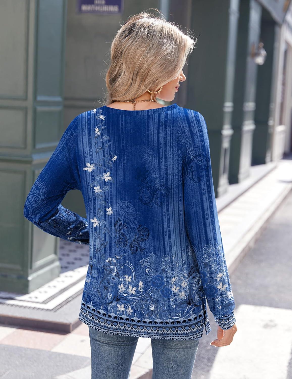 imageZeagoo Womens Long Sleeve Tshirts Casual Tunic Tops Work Fashion Cute Sweaters Fall Outfits 2026 Dressy BlouseBlue Floral