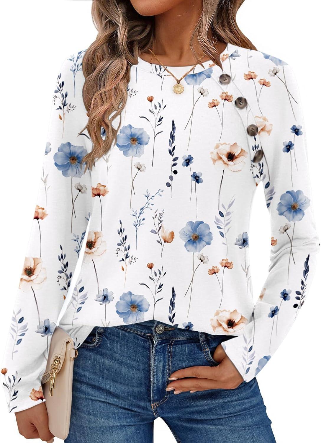 imageZeagoo Womens Long Sleeve Tshirts Casual Tunic Tops Work Fashion Cute Sweaters Fall Outfits 2026 Dressy BlouseWhite Floral