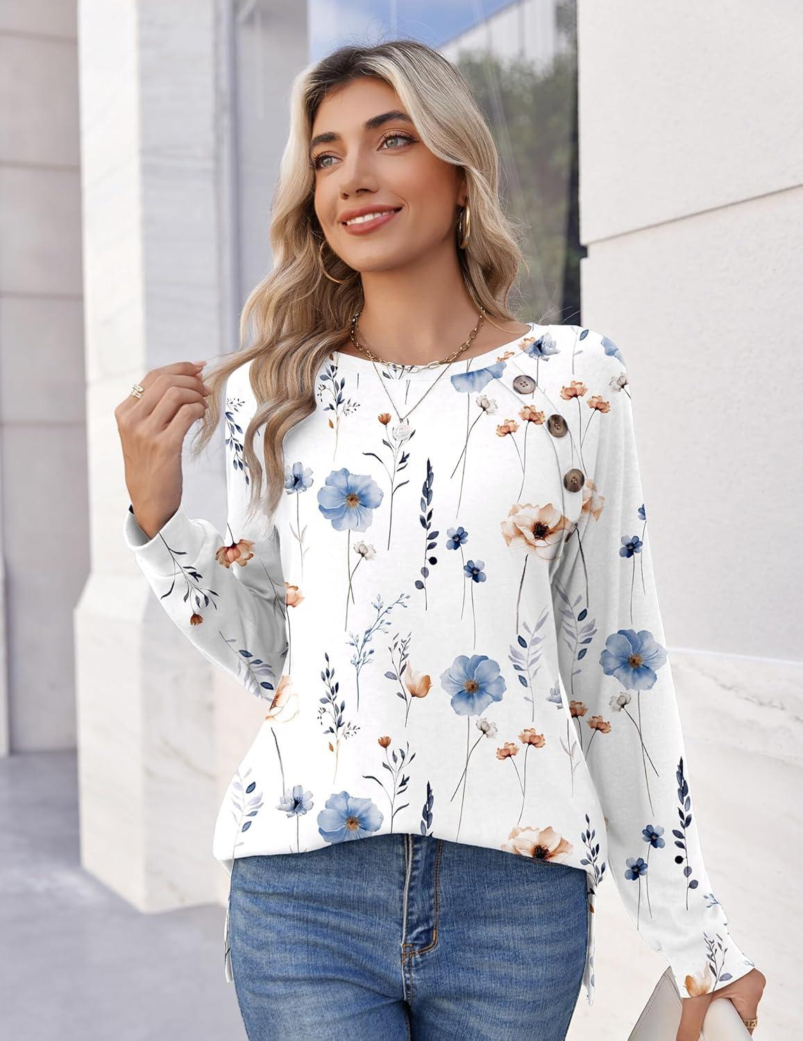 imageZeagoo Womens Long Sleeve Tshirts Casual Tunic Tops Work Fashion Cute Sweaters Fall Outfits 2026 Dressy BlouseWhite Floral