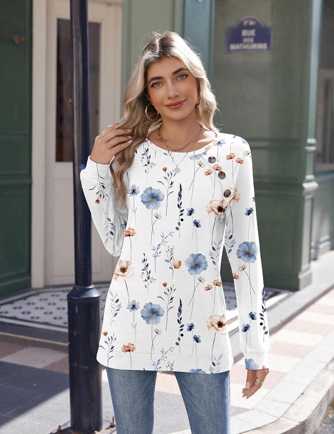 imageZeagoo Womens Long Sleeve Tshirts Casual Tunic Tops Work Fashion Cute Sweaters Fall Outfits 2026 Dressy BlouseWhite Floral