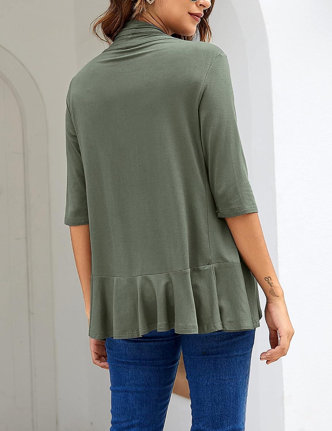 imageZeagoo Womens Open Front Cardigan 34 Sleeve Draped Ruffles Soft Knit Sweaters S3XLArmy Green