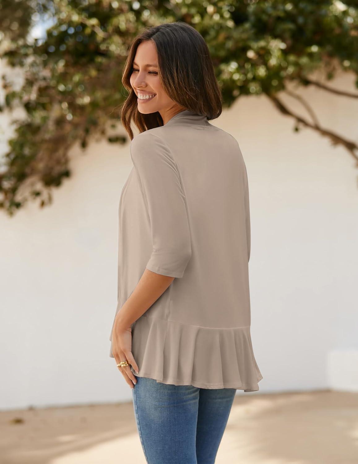 imageZeagoo Womens Open Front Cardigan 34 Sleeve Draped Ruffles Soft Knit Sweaters S3XLKhaki