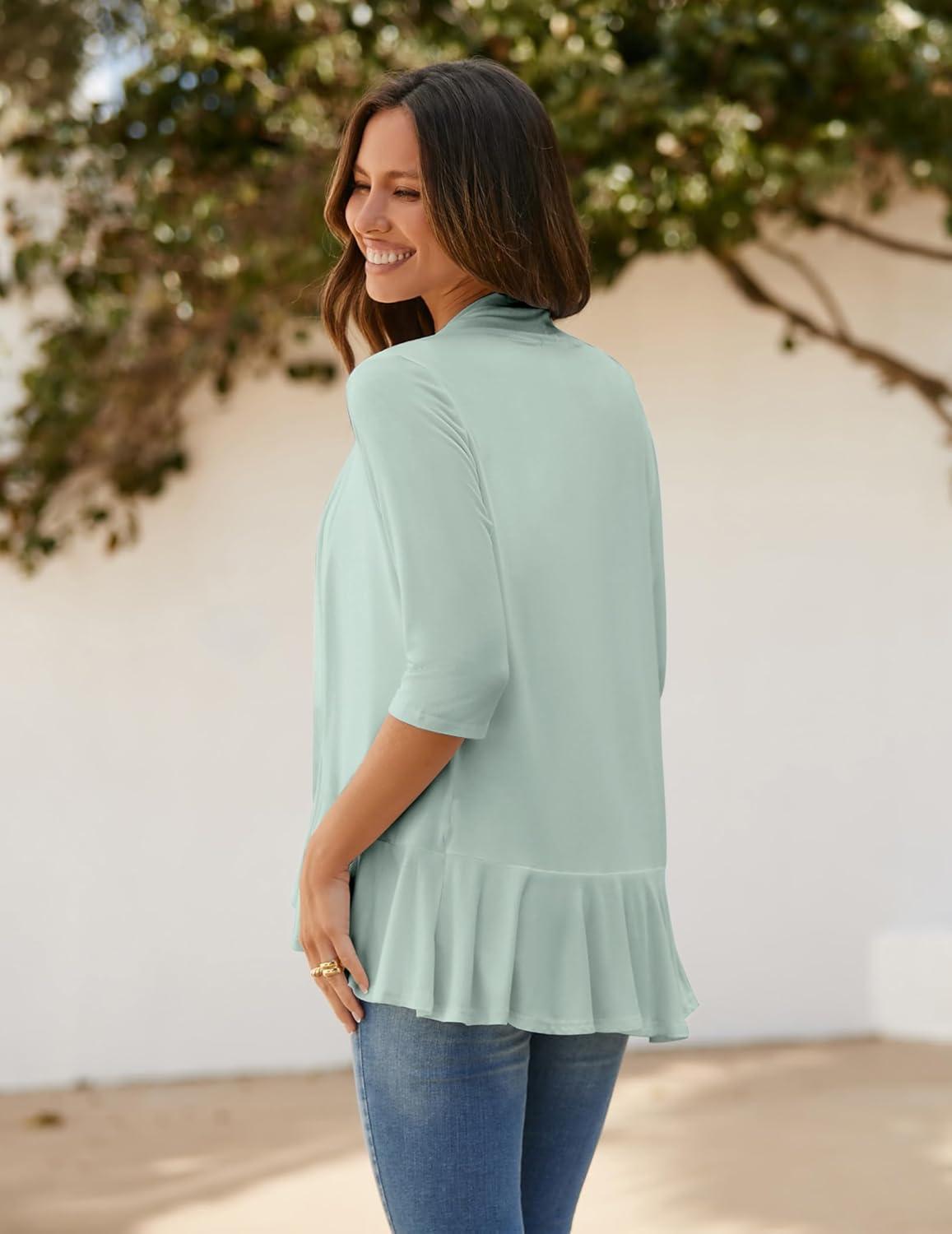 imageZeagoo Womens Open Front Cardigan 34 Sleeve Draped Ruffles Soft Knit Sweaters S3XLMint Green