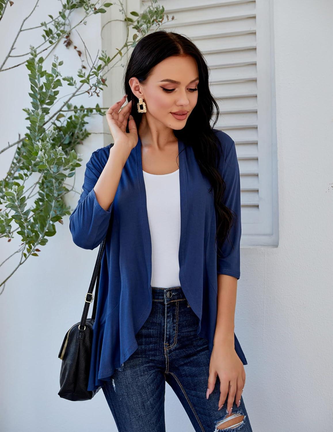 imageZeagoo Womens Open Front Cardigan 34 Sleeve Draped Ruffles Soft Knit Sweaters S3XLNavy Blue